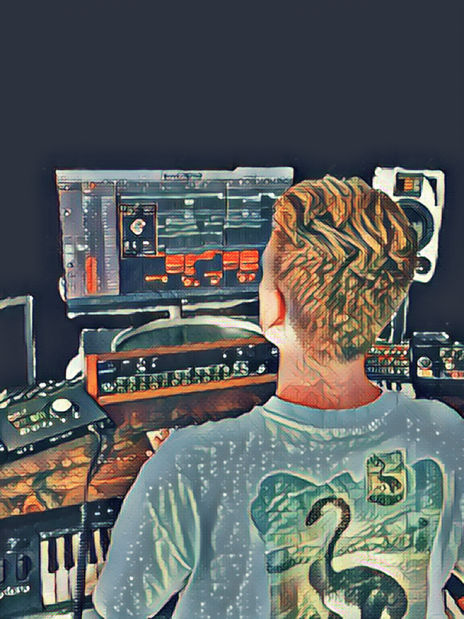 a painting of a music producer working