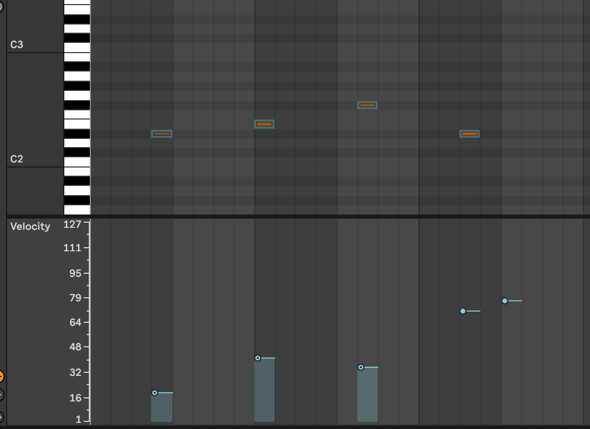 A screenshot of ableton live velocity editing