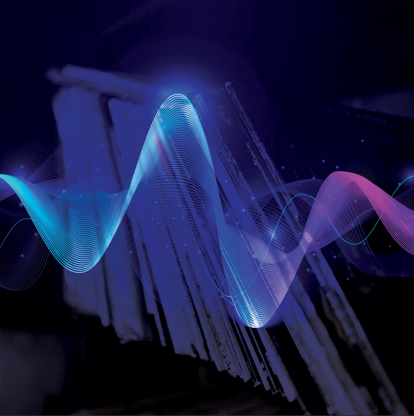 a colorful sound wave over a bin of vinyl records