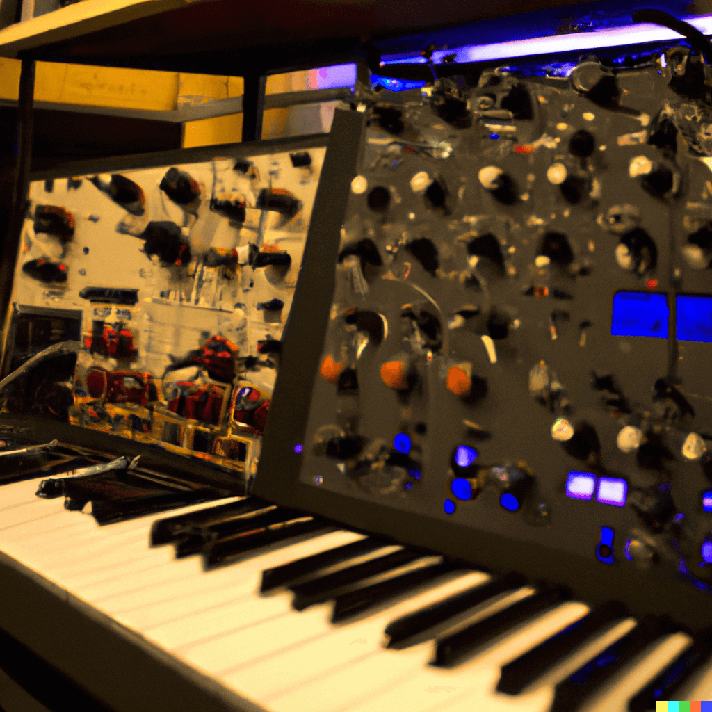 an artists depiction of a modular synthesizer with keyboard