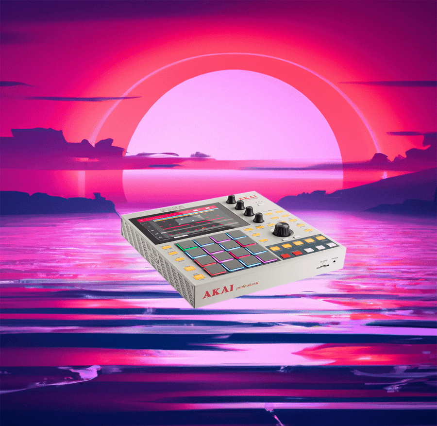 An akai MPC against a computer generated pink background